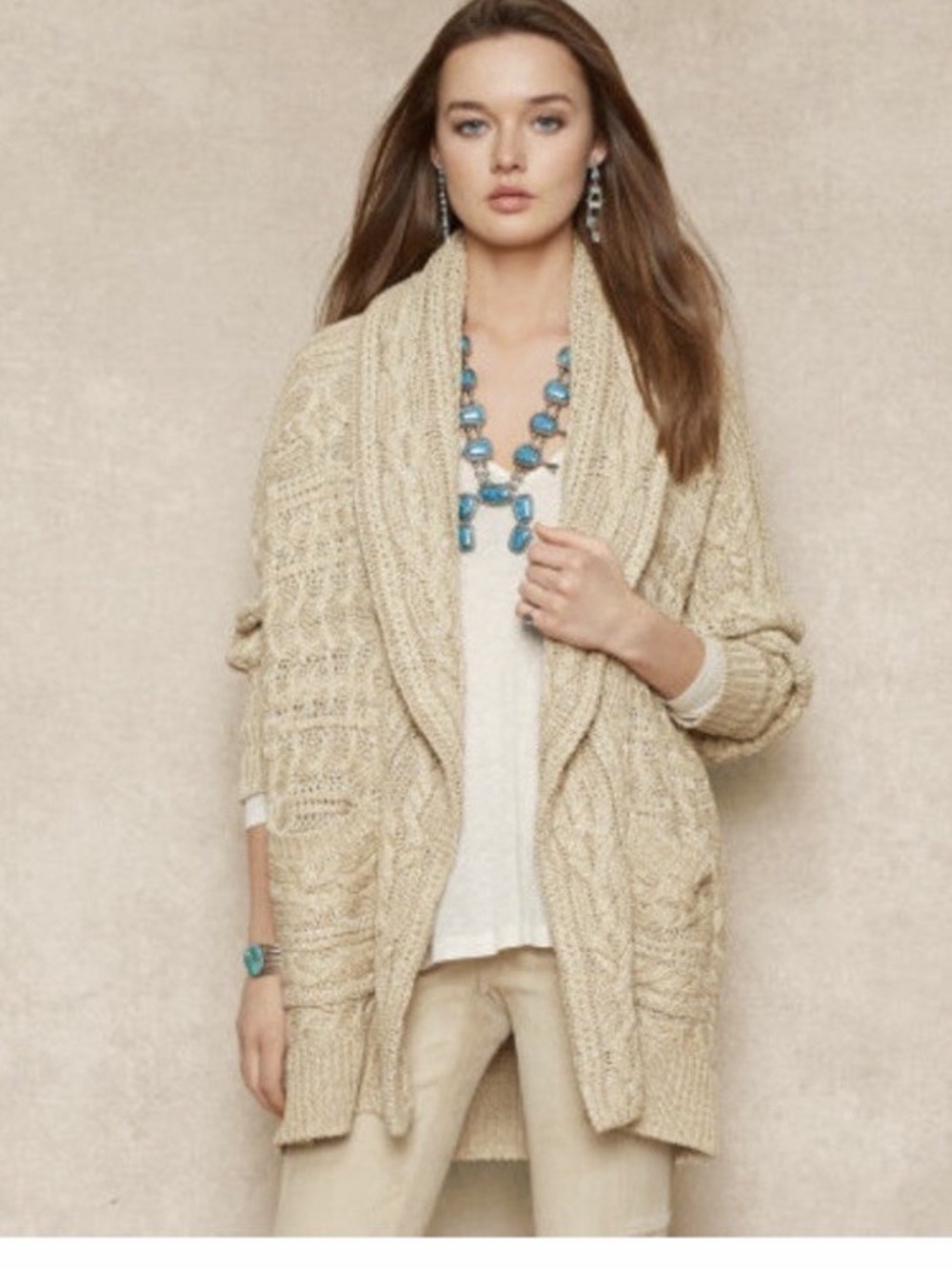 Ralph Lauren Black Label- Cream Cable Knit Open-Front Cardigan